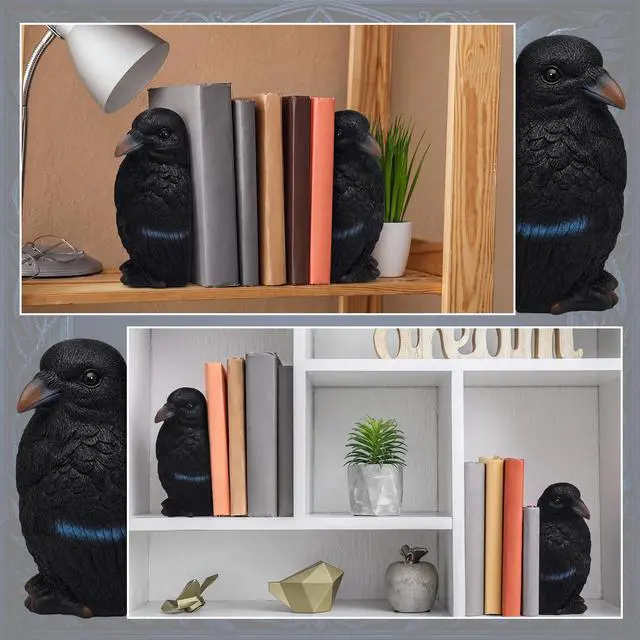 Alt view image 5 of 7 - Gothic Raven Crow Bookends Pair, Vintage Dark Style Sculpture Book Stopper, Raven Book Holder Figurine, Macabre Art Statue Decor for Shelf Desktop Home Office Halloween Ornament Gift