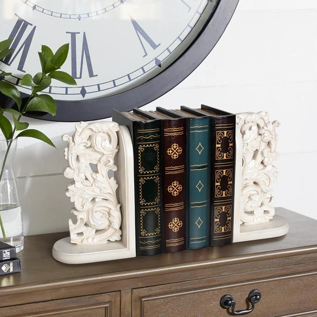 Alt view image 2 of 7 - Vintage Heavy Duty Bookends, Decorative Book Ends for Heavy Books, Unique Rustic Bookend Supports for Shelves, Stopper for Books/Movies/CD, Farmhouse Decoration, Distressed White