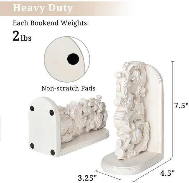 Alt view image 3 of 7 - Vintage Heavy Duty Bookends, Decorative Book Ends for Heavy Books, Unique Rustic Bookend Supports for Shelves, Stopper for Books/Movies/CD, Farmhouse Decoration, Distressed White