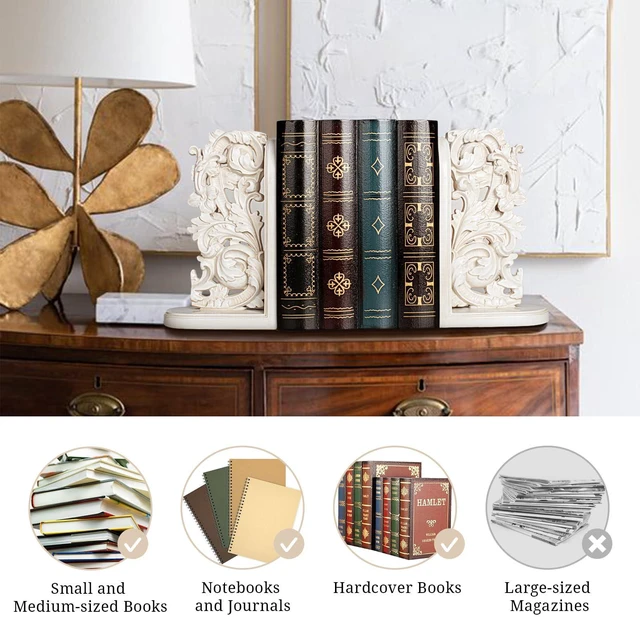 Alt view image 4 of 7 - Vintage Heavy Duty Bookends, Decorative Book Ends for Heavy Books, Unique Rustic Bookend Supports for Shelves, Stopper for Books/Movies/CD, Farmhouse Decoration, Distressed White