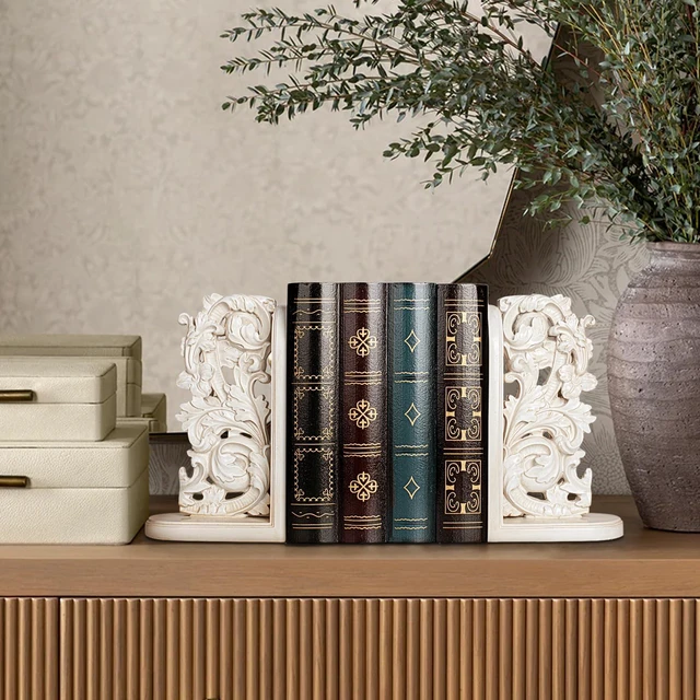 Alt view image 6 of 7 - Vintage Heavy Duty Bookends, Decorative Book Ends for Heavy Books, Unique Rustic Bookend Supports for Shelves, Stopper for Books/Movies/CD, Farmhouse Decoration, Distressed White