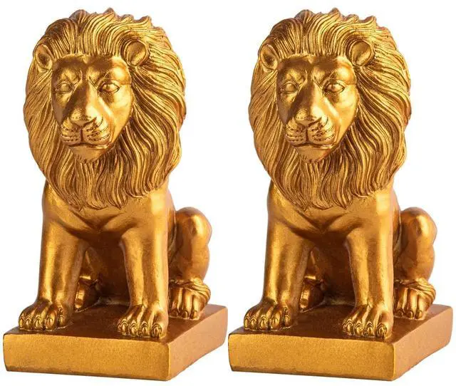 Main image of Gold Lion Bookends Set Heavy Resin Lion Sculptures Bookshelf Statue Décor | Set of 2 heavy gold resin lion statues for heavy books, bookshelves, office desks, and display shelves.