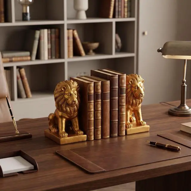 Alt view image 2 of 7 - Gold Lion Bookends Set Heavy Resin Lion Sculptures Bookshelf Statue Décor | Set of 2 heavy gold resin lion statues for heavy books, bookshelves, office desks, and display shelves.