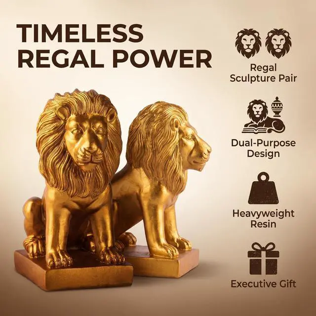Alt view image 3 of 7 - Gold Lion Bookends Set Heavy Resin Lion Sculptures Bookshelf Statue Décor | Set of 2 heavy gold resin lion statues for heavy books, bookshelves, office desks, and display shelves.