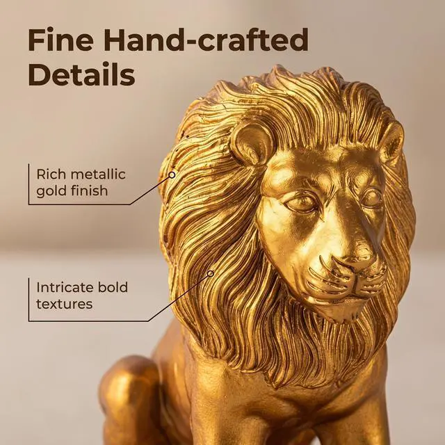 Alt view image 4 of 7 - Gold Lion Bookends Set Heavy Resin Lion Sculptures Bookshelf Statue Décor | Set of 2 heavy gold resin lion statues for heavy books, bookshelves, office desks, and display shelves.