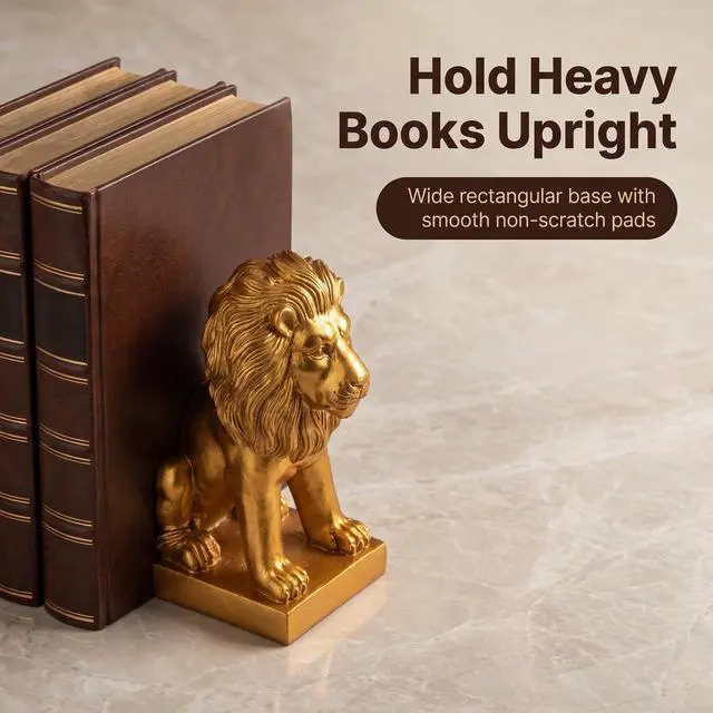 Alt view image 5 of 7 - Gold Lion Bookends Set Heavy Resin Lion Sculptures Bookshelf Statue Décor | Set of 2 heavy gold resin lion statues for heavy books, bookshelves, office desks, and display shelves.