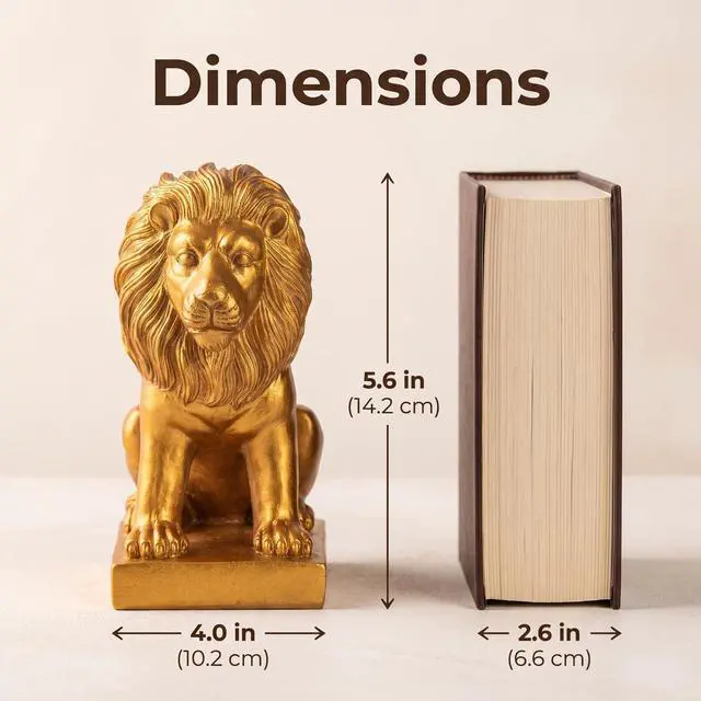 Alt view image 6 of 7 - Gold Lion Bookends Set Heavy Resin Lion Sculptures Bookshelf Statue Décor | Set of 2 heavy gold resin lion statues for heavy books, bookshelves, office desks, and display shelves.