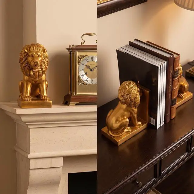 Alt view image 7 of 7 - Gold Lion Bookends Set Heavy Resin Lion Sculptures Bookshelf Statue Décor | Set of 2 heavy gold resin lion statues for heavy books, bookshelves, office desks, and display shelves.