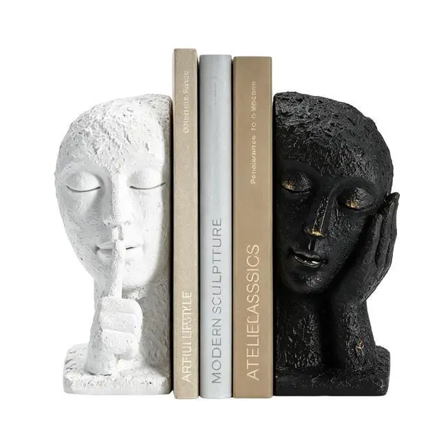 Main image of Heavy Duty Book Ends for Shelves, Black & White Abstract Book Ends for Heavy Books, Modern Book Holder for Shelf, Quiet Focus & Thinker Decorative Bookends, Book Stopper for Home Shelf Decor