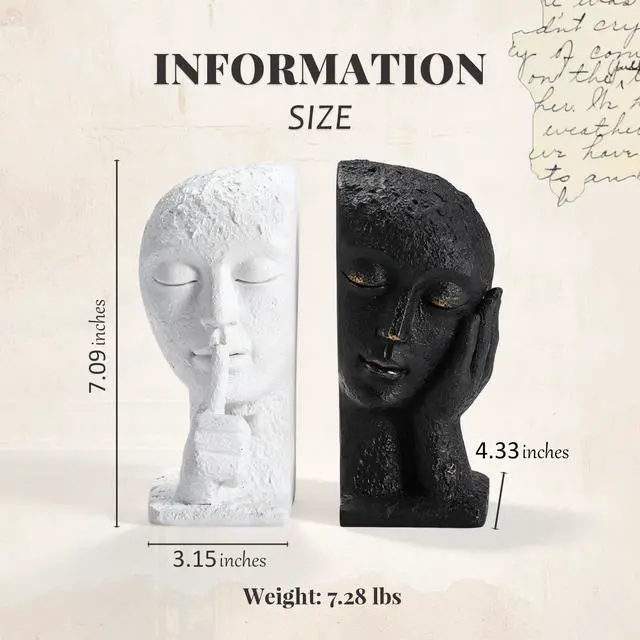 Alt view image 2 of 7 - Heavy Duty Book Ends for Shelves, Black & White Abstract Book Ends for Heavy Books, Modern Book Holder for Shelf, Quiet Focus & Thinker Decorative Bookends, Book Stopper for Home Shelf Decor
