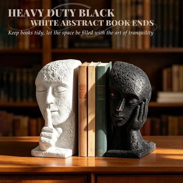 Alt view image 3 of 7 - Heavy Duty Book Ends for Shelves, Black & White Abstract Book Ends for Heavy Books, Modern Book Holder for Shelf, Quiet Focus & Thinker Decorative Bookends, Book Stopper for Home Shelf Decor