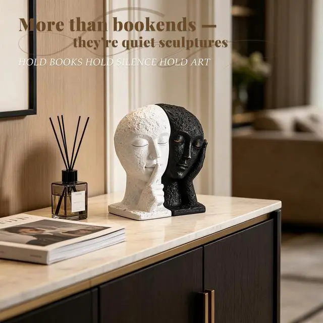 Alt view image 4 of 7 - Heavy Duty Book Ends for Shelves, Black & White Abstract Book Ends for Heavy Books, Modern Book Holder for Shelf, Quiet Focus & Thinker Decorative Bookends, Book Stopper for Home Shelf Decor