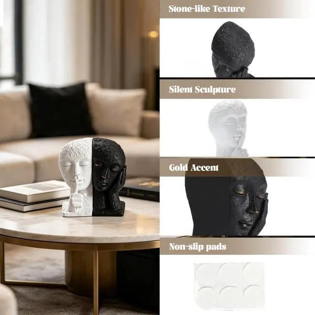 Alt view image 5 of 7 - Heavy Duty Book Ends for Shelves, Black & White Abstract Book Ends for Heavy Books, Modern Book Holder for Shelf, Quiet Focus & Thinker Decorative Bookends, Book Stopper for Home Shelf Decor