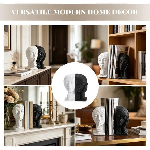 Alt view image 6 of 7 - Heavy Duty Book Ends for Shelves, Black & White Abstract Book Ends for Heavy Books, Modern Book Holder for Shelf, Quiet Focus & Thinker Decorative Bookends, Book Stopper for Home Shelf Decor