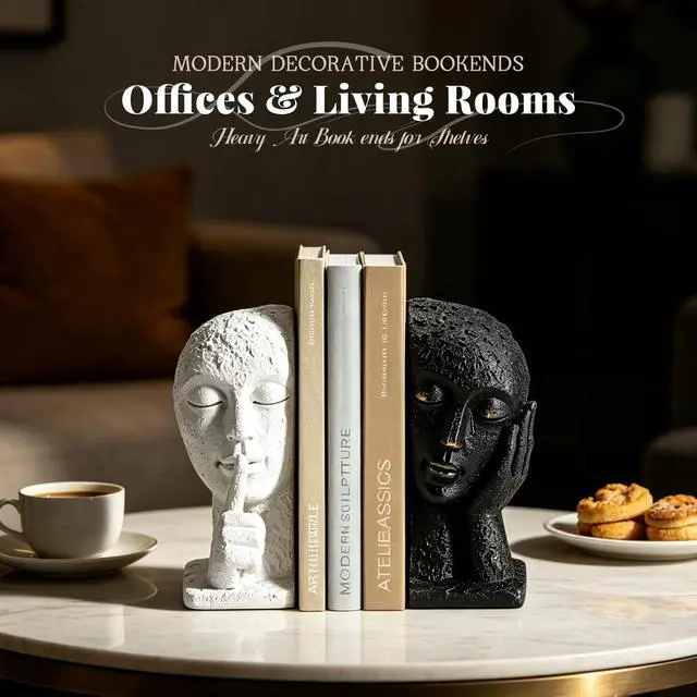 Alt view image 7 of 7 - Heavy Duty Book Ends for Shelves, Black & White Abstract Book Ends for Heavy Books, Modern Book Holder for Shelf, Quiet Focus & Thinker Decorative Bookends, Book Stopper for Home Shelf Decor