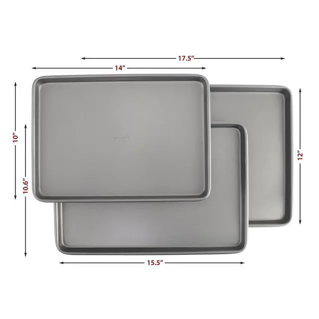 Alt view image 2 of 7 - Everyday Nonstick Baking Sheet Set, 3 Pack Includes Small (13×9) Medium (15×1) and Large (17×11) Pans Carbon Steel Construction Cookie Sheets Bakeware Set, Gray