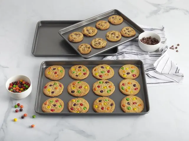 Alt view image 3 of 7 - Everyday Nonstick Baking Sheet Set, 3 Pack Includes Small (13×9) Medium (15×1) and Large (17×11) Pans Carbon Steel Construction Cookie Sheets Bakeware Set, Gray