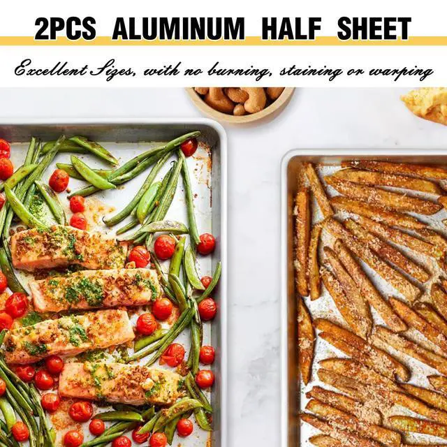 Alt view image 5 of 7 - Commercial Quality Baking Sheet Pan Set, Natural Aluminum Cookie Sheet, Umite Chef Warp Resistant Baker's Half Sheet Pan, Large Thick Cookie Tray Pans for Baking, Roasting(2 Pack, 18X13In)