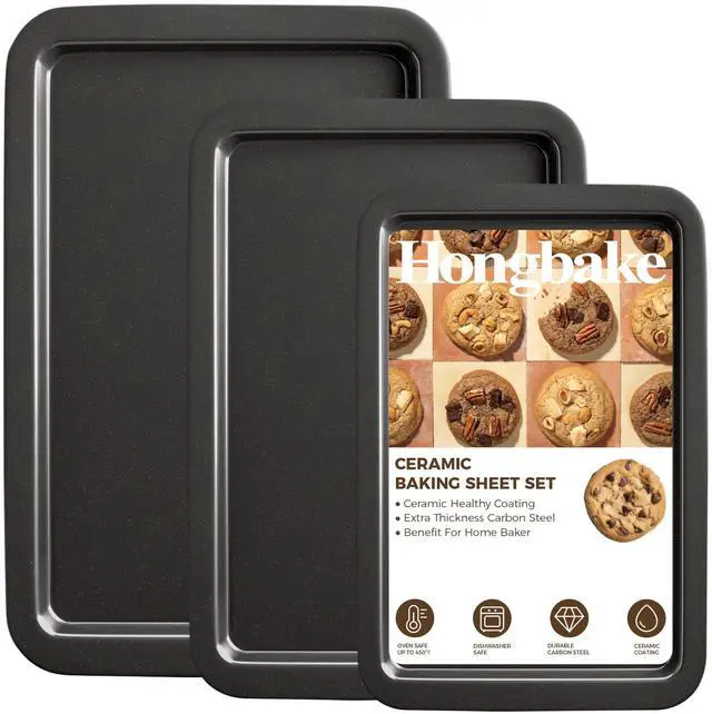 Main image of Ceramic Baking Sheet Pan Set of 3, Easy to Grab, Non-Toxic | Commercial Cookie Sheets for Oven, Nonstick Half/Jelly Roll/Quarter Baking Tray,Wider Gribs, Premium,Easy to Clean- Dark Grey