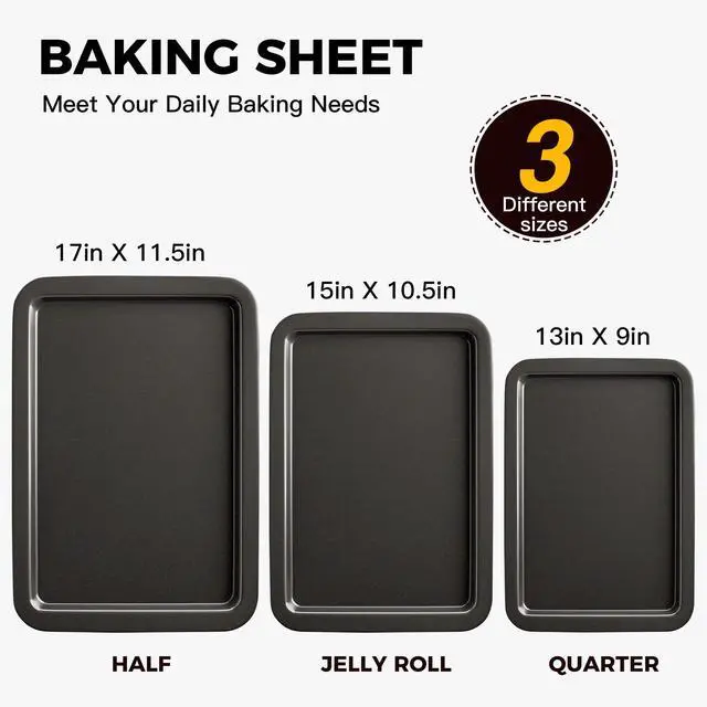 Alt view image 3 of 7 - Ceramic Baking Sheet Pan Set of 3, Easy to Grab, Non-Toxic | Commercial Cookie Sheets for Oven, Nonstick Half/Jelly Roll/Quarter Baking Tray,Wider Gribs, Premium,Easy to Clean- Dark Grey