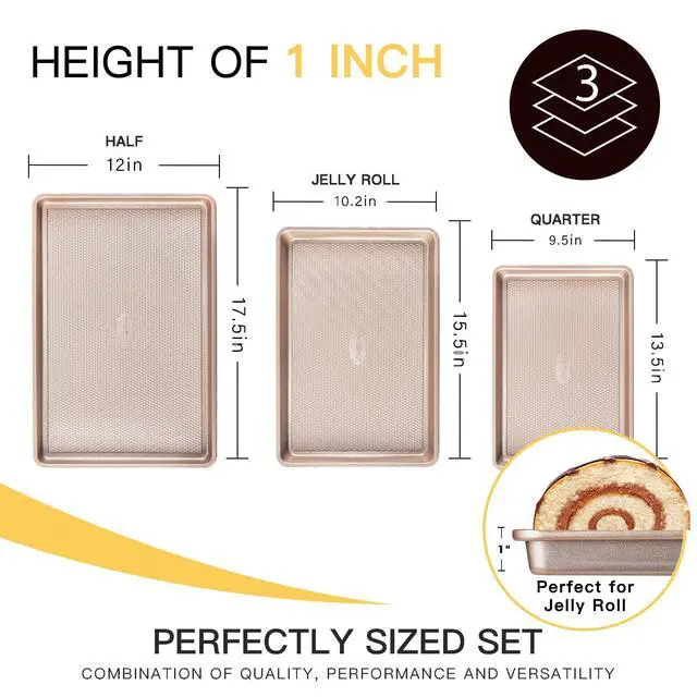Alt view image 6 of 7 - Baking Sheet Pan Set of 3, Cookie Sheets for Oven, Nonstick Half/Quarter/Jelly Roll Pans with Diamond Texture Pattern, 0.8mm Thick Heavy Duty Cookie Tray, Champagne Gold