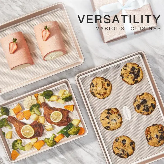 Alt view image 4 of 7 - Baking Sheet Pan Set of 3, Cookie Sheets for Oven, Nonstick Half/Quarter/Jelly Roll Pans with Diamond Texture Pattern, 0.8mm Thick Heavy Duty Cookie Tray, Champagne Gold