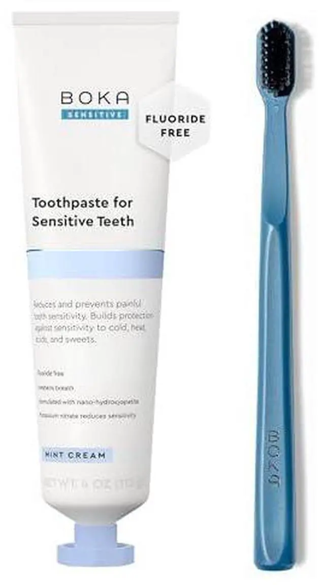 Main image of Sensitive Toothpaste - Fluoride Free, 5% Potassium Nitrate, Nano Hydroxyapatite, 4oz with Boka Classic Manual Toothbrush with Extra Soft Activated-Charcoal, Tapered Bristles, Blue 1pk Bundle
