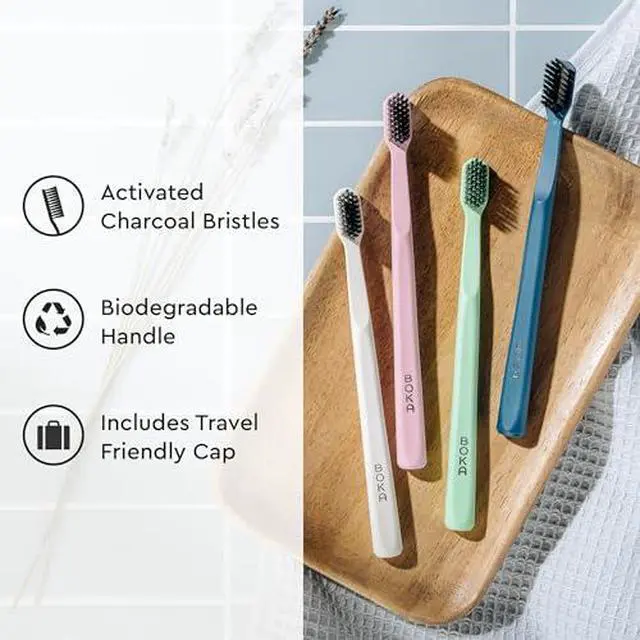 Alt view image 7 of 7 - Sensitive Toothpaste - Fluoride Free, 5% Potassium Nitrate, Nano Hydroxyapatite, 4oz with Boka Classic Manual Toothbrush with Extra Soft Activated-Charcoal, Tapered Bristles, Blue 1pk Bundle