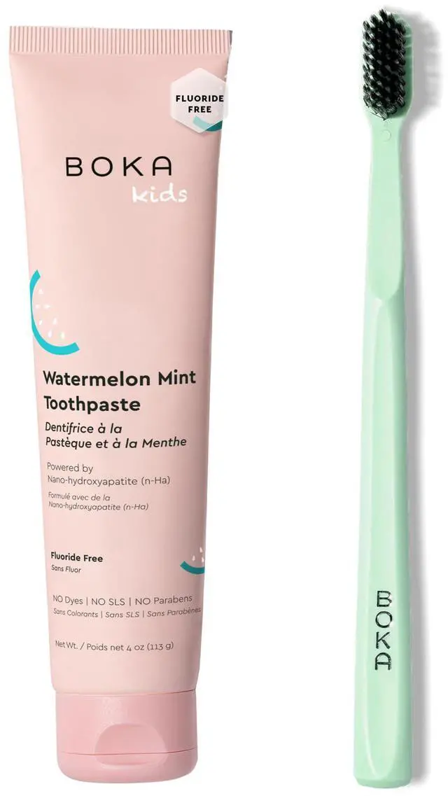 Main image of Fluoride Free Toothpaste Nano Hydroxyapatite Toothpaste - Watermelon Mint Flavor, 4 oz 1Pk and Boka Classic Manual Toothbrush with Extra Soft Activated-Charcoal Bristles, Mint, Bundle