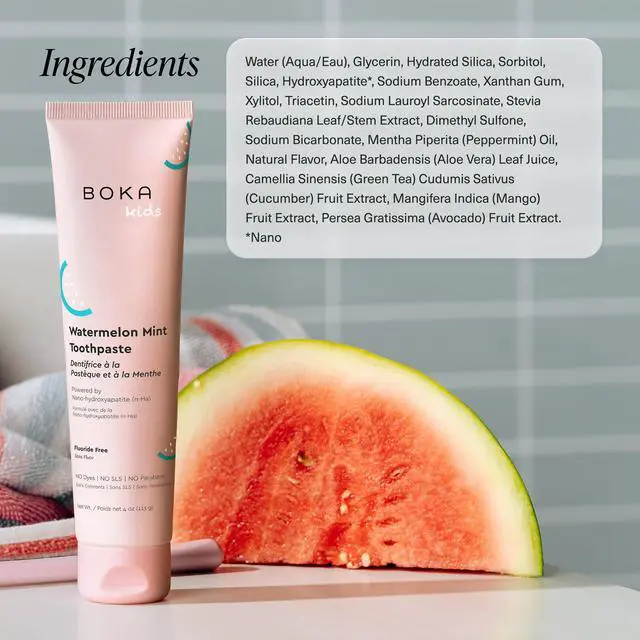 Alt view image 5 of 7 - Fluoride Free Toothpaste Nano Hydroxyapatite Toothpaste - Watermelon Mint Flavor, 4 oz 1Pk and Boka Classic Manual Toothbrush with Extra Soft Activated-Charcoal Bristles, Mint, Bundle