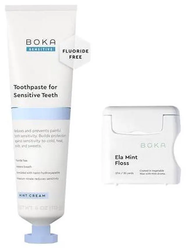 Main image of Sensitive Toothpaste - Fluoride Free, 5% Potassium Nitrate, Nano Hydroxyapatite, 4oz with Boka Ela Mint Expandable Woven Dental Floss