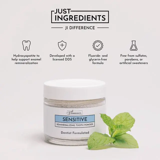 Alt view image 2 of 5 - Remineralizing Tooth Powder Sensitive - No Fluoride - 1 oz | Calcium Carbonate, Bentonite Clay, Baking Soda, Enamel Support, Plaque Polishing, Vegan Non GMO, SLS Free, Adult Use