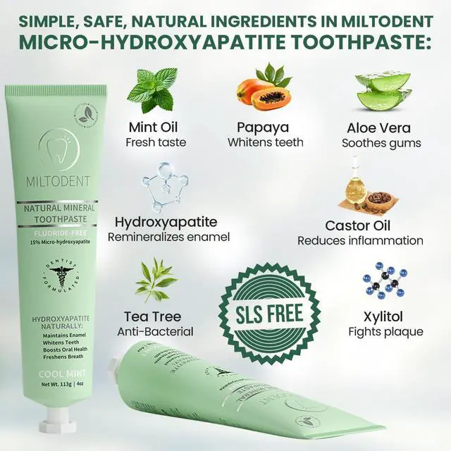 Alt view image 4 of 7 - Hydroxyapatite Toothpaste MILTODENT 15% Micro-Hydroxyapatite Premium Toothpaste Fluoride-Free, Foam-Free, Natural Mineralizing | Safe Alternative to Nano-Hydroxyapatite | SLS-Free & Paraben-free 4oz