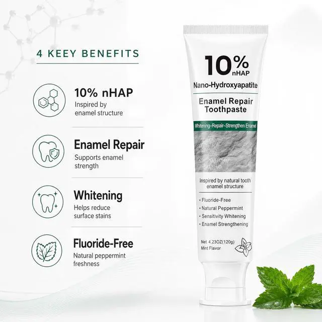 Alt view image 2 of 7 - 10% Hydroxyapatite Toothpaste, Nano Hydroxyapatite Toothpaste, Fluoride Free Toothpaste for Sensitive Teeth, Helps Rebuild Enamel, Remineralizing Toothpaste for Daily Use, 4 Pack