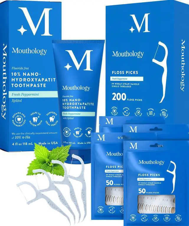 Main image of 10% Nano Hydroxyapatite Toothpaste (Fluoride Free) and Floss Picks Bundle
