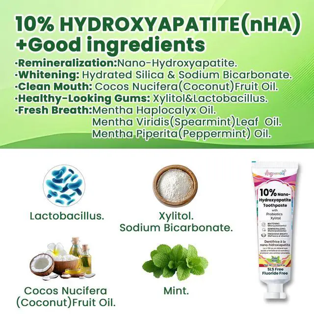 Alt view image 2 of 6 - 10% Nano Hydroxyapatite Toothpaste, Fluoride Free, Mint, 2-Pack | Enamel care, gentle for sensitive teeth, surface-stain whitening, xylitol, SLS-free, low-foam formula