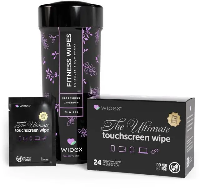 Main image of Screen Wipes & Gym Wipes Combo Pack - 75ct Gym Equipment Canister & 24ct Individually Wrapped Fitness Touch Screen Cloths, Safe for Yoga Mats & Electronics, Lavender Scent
