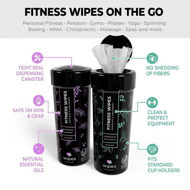 Alt view image 7 of 7 - Screen Wipes & Gym Wipes Combo Pack - 75ct Gym Equipment Canister & 24ct Individually Wrapped Fitness Touch Screen Cloths, Safe for Yoga Mats & Electronics, Lavender Scent