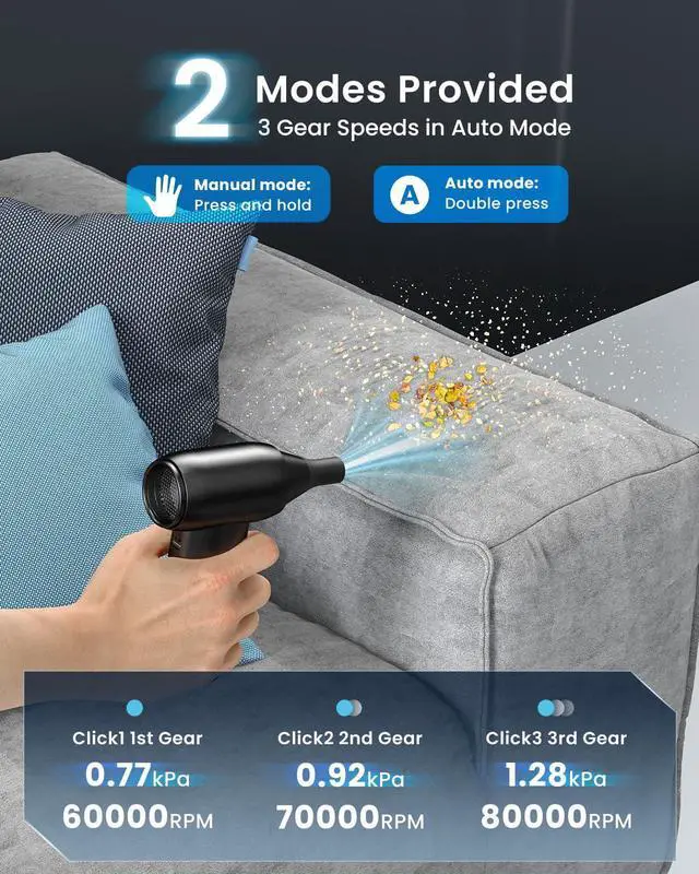 Alt view image 3 of 7 - Compressed Air Duster, Cordless Electric Canned Duster, Portable Vacuum, 3 Gear Mini Portable Jet Dry Air Blower, for Gaming Pc, Keyboard, Car Cleaning, Outdoors-Dust Blowing & Vacuuming(Black)