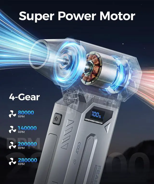 Alt view image 2 of 7 - Compressed Air Duster-280000 RPM Super Powerful Electric Air Duster,4-Gear Adjustable PC Cleaning Kit with LCD Screen & LED Light,Fast Charging Air Blower for PC,Keyboard,Car,Home