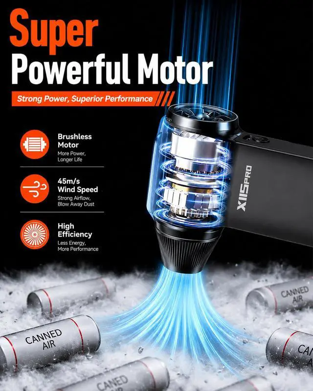 Alt view image 3 of 7 - Compressed Air Duster, 180000RPM Turbo Fan Blower | Mini Rechargeable Cordless Electric Air Duster with 3 Speeds Brushless Motor for Keyboard, Gaming PC, Car & Electronics