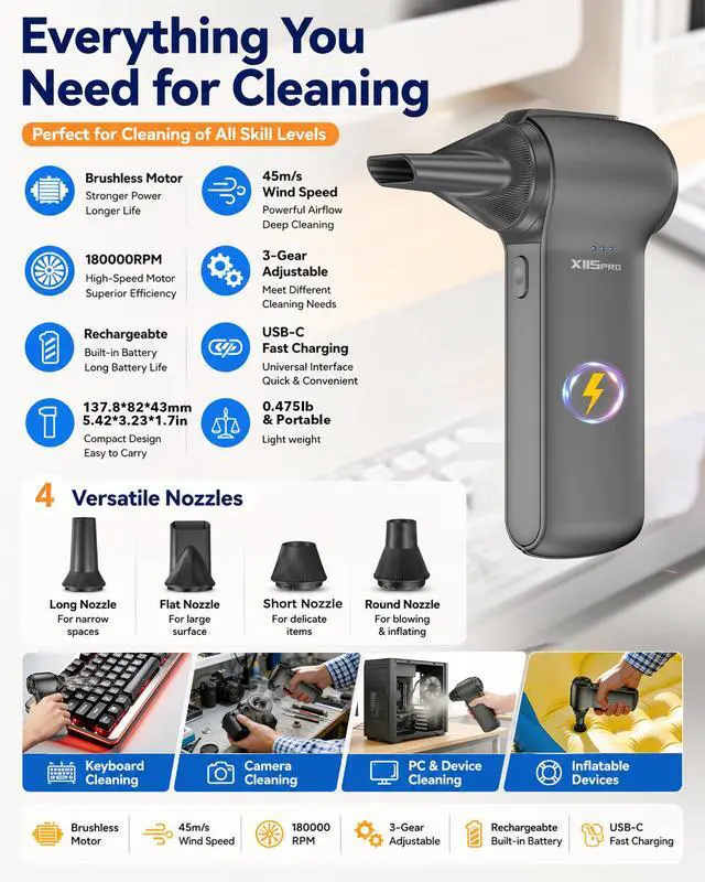 Alt view image 7 of 7 - Compressed Air Duster, 180000RPM Turbo Fan Blower | Mini Rechargeable Cordless Electric Air Duster with 3 Speeds Brushless Motor for Keyboard, Gaming PC, Car & Electronics