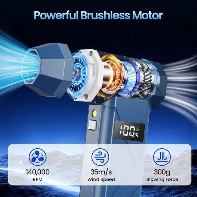 Alt view image 2 of 7 - Compressed Air Duster & Vacuum 2-in-1, 140000RPM Electric Air Duster, 4-Gear Adjustable Rechargeable Cordless Dust Blower with LED Light Fast Charging for Keyboard PC Car Home Outdoor-Navy