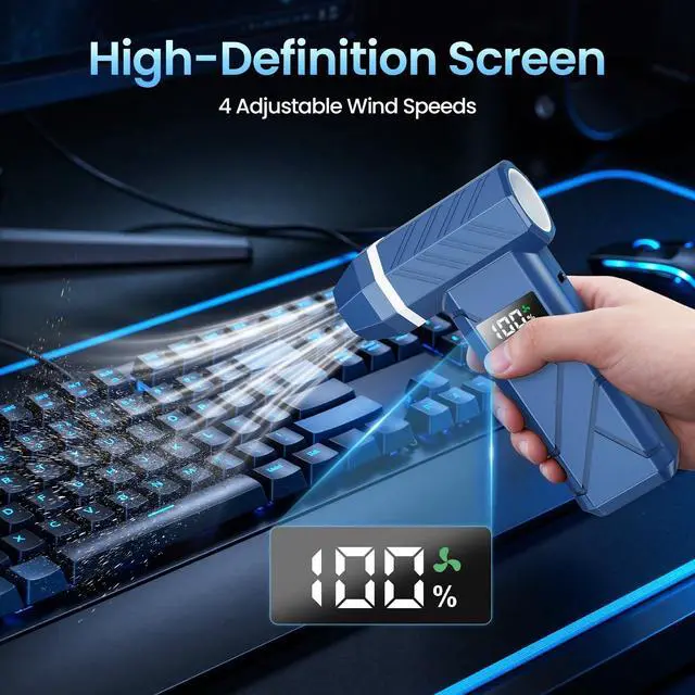Alt view image 4 of 7 - Compressed Air Duster & Vacuum 2-in-1, 140000RPM Electric Air Duster, 4-Gear Adjustable Rechargeable Cordless Dust Blower with LED Light Fast Charging for Keyboard PC Car Home Outdoor-Navy