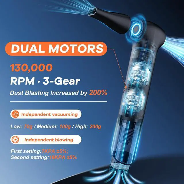 Alt view image 2 of 7 - Compressed Air Duster&Vacuum Cleaner, 2-in-1 130000RPM Cordless Air Blower