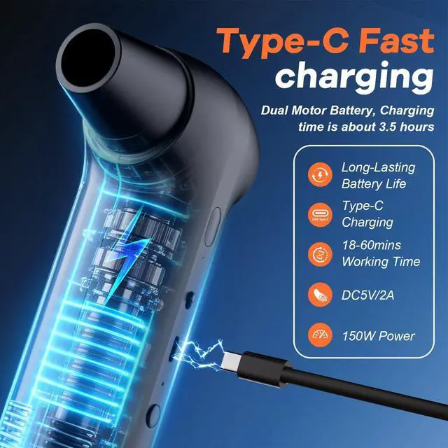 Alt view image 5 of 7 - Compressed Air Duster&Vacuum Cleaner, 2-in-1 130000RPM Cordless Air Blower