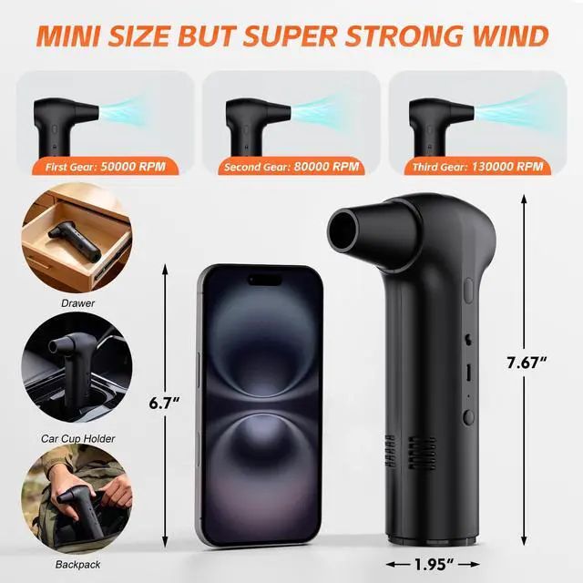 Alt view image 7 of 7 - Compressed Air Duster&Vacuum Cleaner, 2-in-1 130000RPM Cordless Air Blower