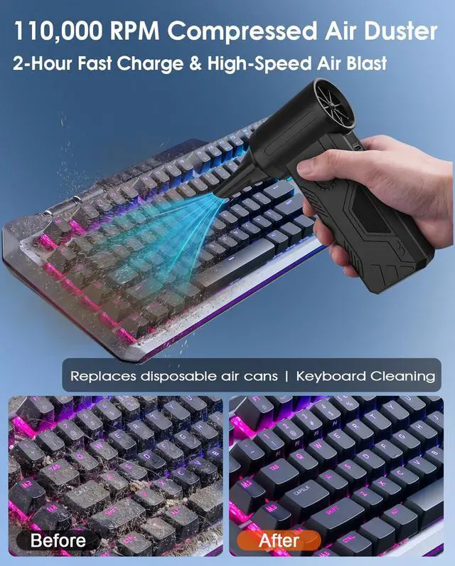 Alt view image 2 of 7 - Compressed Air Duster, 110000RPM Turbo Fan, 15W Charge, 4-Speed | Powerful Cordless Electric Duster, 5200mAH Battery, Durable Mini Blower, 4 Nozzles & 4 Brushes Clean PC/Keyboard/Car/Home