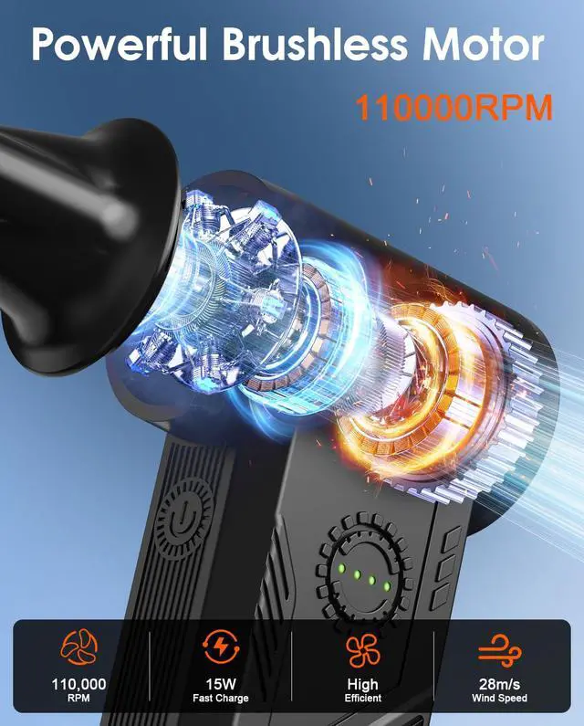 Alt view image 4 of 7 - Compressed Air Duster, 110000RPM Turbo Fan, 15W Charge, 4-Speed | Powerful Cordless Electric Duster, 5200mAH Battery, Durable Mini Blower, 4 Nozzles & 4 Brushes Clean PC/Keyboard/Car/Home