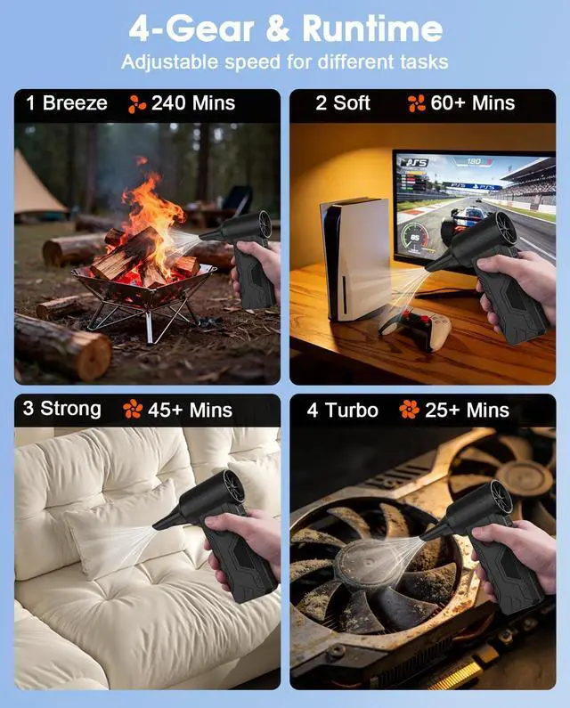 Alt view image 5 of 7 - Compressed Air Duster, 110000RPM Turbo Fan, 15W Charge, 4-Speed | Powerful Cordless Electric Duster, 5200mAH Battery, Durable Mini Blower, 4 Nozzles & 4 Brushes Clean PC/Keyboard/Car/Home